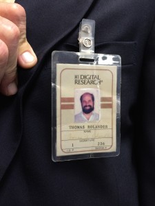 UW EE alum Tom Rolander displays his DRI employee badge #1. (Gary was badge #0)