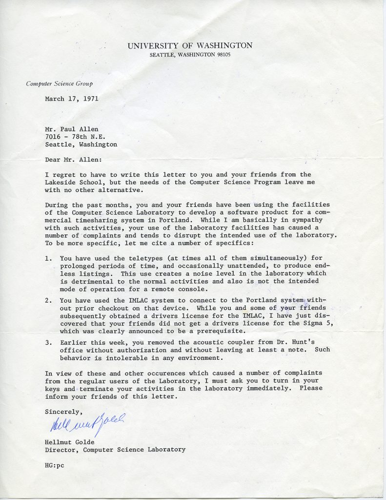 Image of Hellmut Golde's letter to Paul Allen