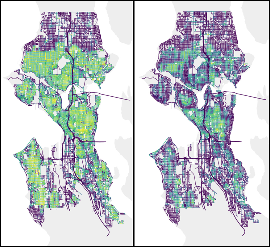 Side by side maps of Seattle color-coded based on normalized sidewalk reach between normative walking profile and manual wheelchair user profile. The map on the left shows more extensive NSR for the normative walking profile compared to the map on the right.
