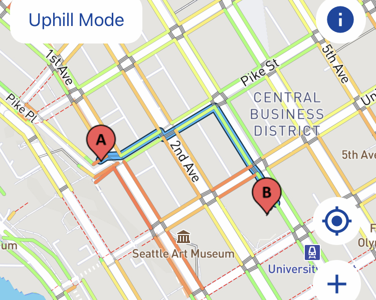 Close-up of downtown Seattle map displaying color-coded routing between two pins in "uphill mode," from a screenshot of the AccessMap app