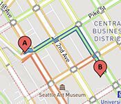 Closeup of AccessMap app routing showing color-coded accessible route between Point A and Point B