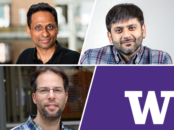 Portrait collage of Arvind Krishnamurthy, Ratul Mahajan, and Simon Peter, with UW's block "W" logo in the lower right corner against a purple background