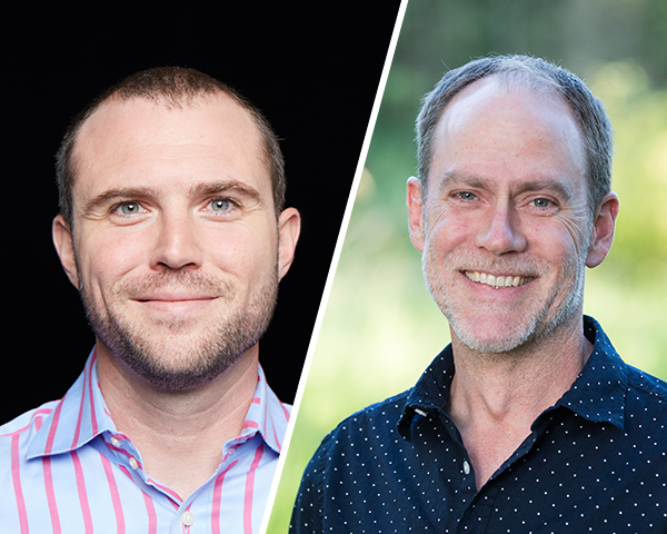 Side-by-side portraits of Adam Miner and David Atkins. Miner is wearing a periwinkle and fuschia striped button-down shirt against a solid black background. Atkins is wearing a deep blue button-down shirt with tiny white polka dots, standing in front of a leafy green background