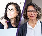 Portraits of Su-In Lee and Sara Mostafavi side by side, divided by a diagonal purple line. Lee is seated in front of a whiteboard wearing glasses and a black suit and looking off to the left of frame (her right), holding a pen behind an open laptop. Mostafavi is posed in a grey cardigan open over a white button-down shirt and glasses, looking at the camera in a building atrium with an elevator bank visible behind her.