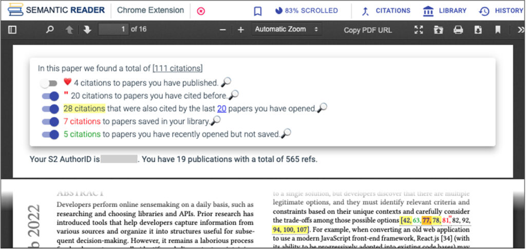 Screenshot of CiteSee user interface with key at top of screen identifying the reader's own citations, previously cited papers, citations also found in recently opened papers, saved citations and recently opened but not saved papers. The lower part of the screen shows an abstract with highlighted citations that indicate the category.