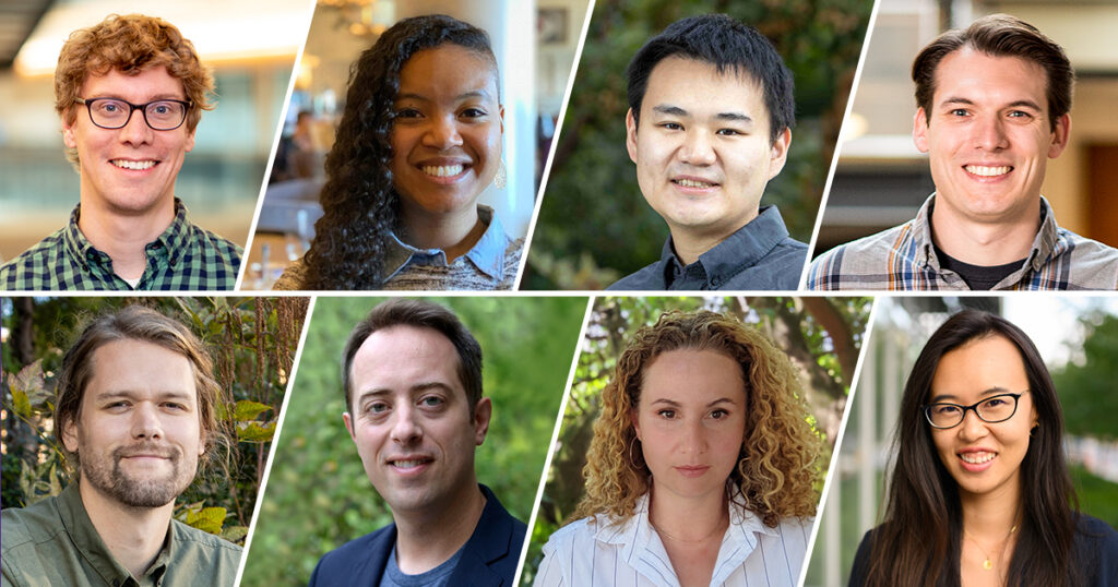A graphic shows eight Allen School professors, with four on the top row and four on the bottom. Each photo is separated by a diagonal line. From top left, Tim Althoff, wearing black glasses and a green patterned shirt, smiles in front of a blurred background. To the right of Althoff, Leilani Battle, wearing a blue shirt and gray sweater, smiles in front of a blurred background. To the right of Battle, Simon Du, wearing a blue shirt, smiles in front of a blurred forest background. To the right of Du, Kevin Jamieson, wearing a gray patterned shirt, smiles in front of a blurred background. Below Althoff's photo, Jeff Nivala, wearing a green shirt, smiles in front of a blurred forest background. To the right of Nivala, Chris Thachuck, wearing a blue shirt and a dark blazer, smiles in front of a blurred forest background. To the right of Thachuk, Yulia Tsvetkov, wearing a white shirt, smiles in front of a blurred forest background. To the right of Tsvetkov, Amy Zhang, wearing black glasses and a black blazer, smiles in front of a blurred outdoor background. 