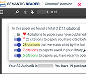 Screenshot of CiteSee user interface with key identifying the reader's own citations, previously cited papers, citations also found in recently opened papers, saved citations and recently opened but not saved papers. The lower part of the screen shows an abstract with highlighted citations that indicate the category.