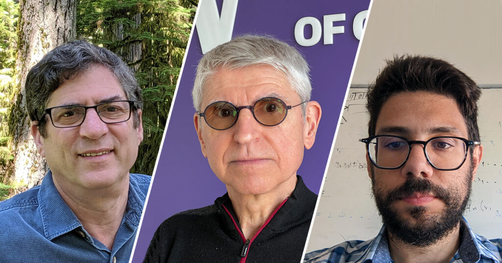 A graphic shows side-by-side images of Paul Beame, Dan Suciu and Paris Koutris. On the left, Beame is wearing a blue shirt and black glasses and smiling in front of a forest background. In the center, Suciu is wearing a black zip sweater and posing in front of a purple background with the white letters spelling "of" behind him. To the right, Koutris, wearing black glasses and a blue shirt, poses in front of a white board with equations written on it. 