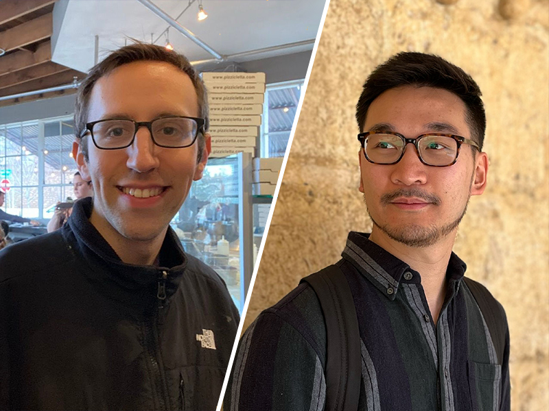 Side-by-side portraits of Ethan Weinberger and Chris Lin. Weinberger is wearing glasses and a black North Face windbreaker inside a pizza restaurant, with pizza boxes piled behind him in front of floor-to-ceiling windows; Lin is wearing glasses and a grey and black striped button-down shirt leaning against what appears to be an ancient sandstone wall.
