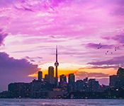 A nighttime view of Toronto. There is a pink and purple sky with clouds over the cityscape, and water in the foreground. The city is backlit from the setting sun, with the dark contours of the buildings visible. Dark outlines of birds are visible over the buildings on the right.