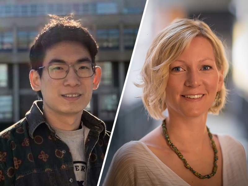 Side by side portraits of Rock Yuren Pang and Katharina Reinecke. Pang is wearing glasses and a patterned denim shirt over a t-shirt standing in the sunshine in front of a concrete and glass building exterior. Reinecke is wearing a cream colored v-neck shirt and beaded necklace with a blurred metal and concrete walkway flanked by bright lighting in the background.