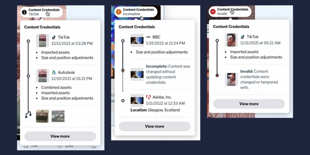 Three interfaces displayed side-by-side showing Content Credentials such as source and editing information for social media images, two from TikTok and one on the BBC. The left image shows complete information; the middle example is designated as incomplete due to the content being changed without updating the content credentials; and the image on the right is labeled invalid due to content credentials being changed or tampered with