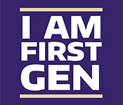 Slogan I AM FIRST GEN in white lettering bordered at top and bottom with gold lines against a purple background