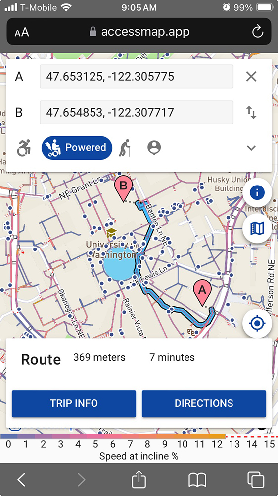 Mobile interface of AccessMap web app displaying a route customized to a user with a powered wheelchair traveling from the Paul G. Allen Center to Mary Gates Hall on the University of Washington campus. 