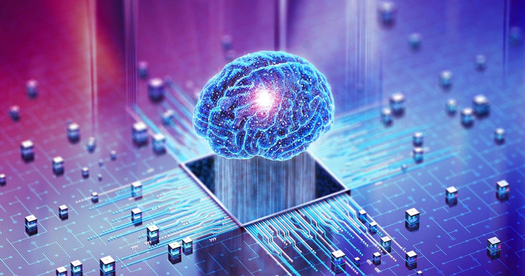 A glowing hologram of a brain emerges from a circuit board.