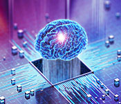 A glowing hologram of a brain emerges from a circuit board.