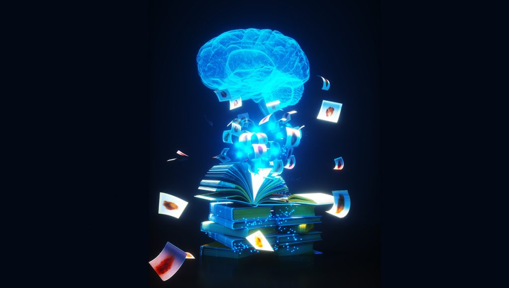 A glowing brain emerges from a stack of books flinging pages with dermatology images around.