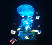 A glowing brain emerges from a stack of books flinging pages with dermatology images around.