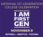 Gold and white text against a purple background reads "National First-Generation College Celebration. I am First Gen. November 8."